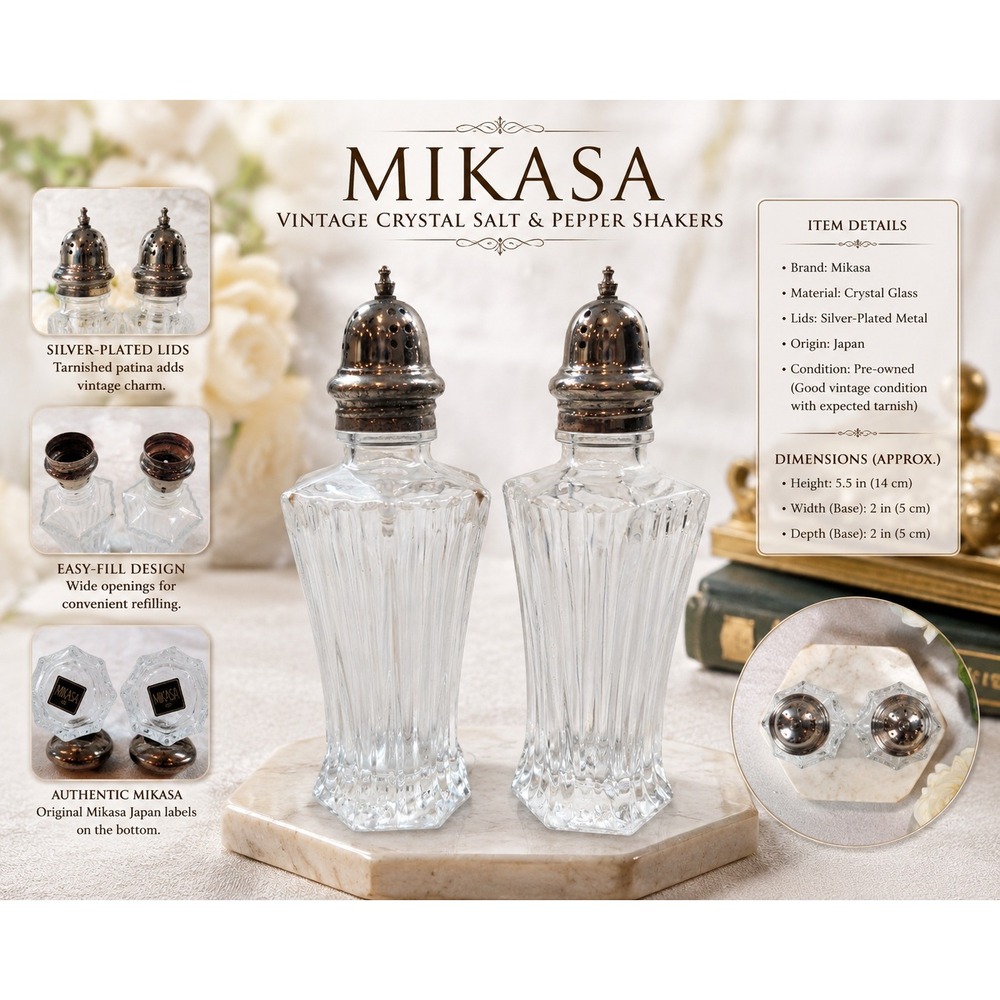 Vintage Mikasa Crystal Salt and Pepper Shakers Set Hexagon‎ Base Made in Japan